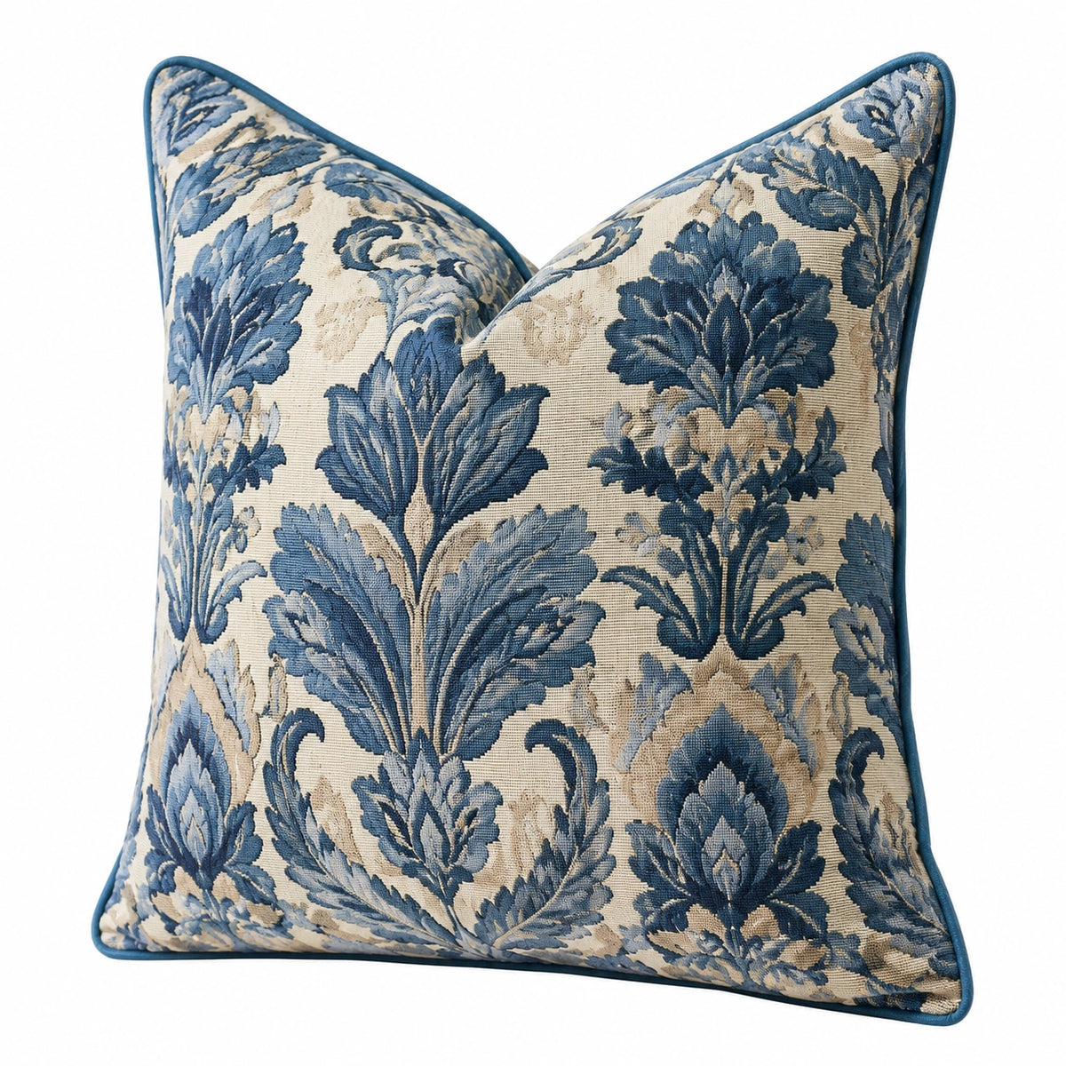Dekokissen 45 cm Blau Creme mit floralem Muster und Keder