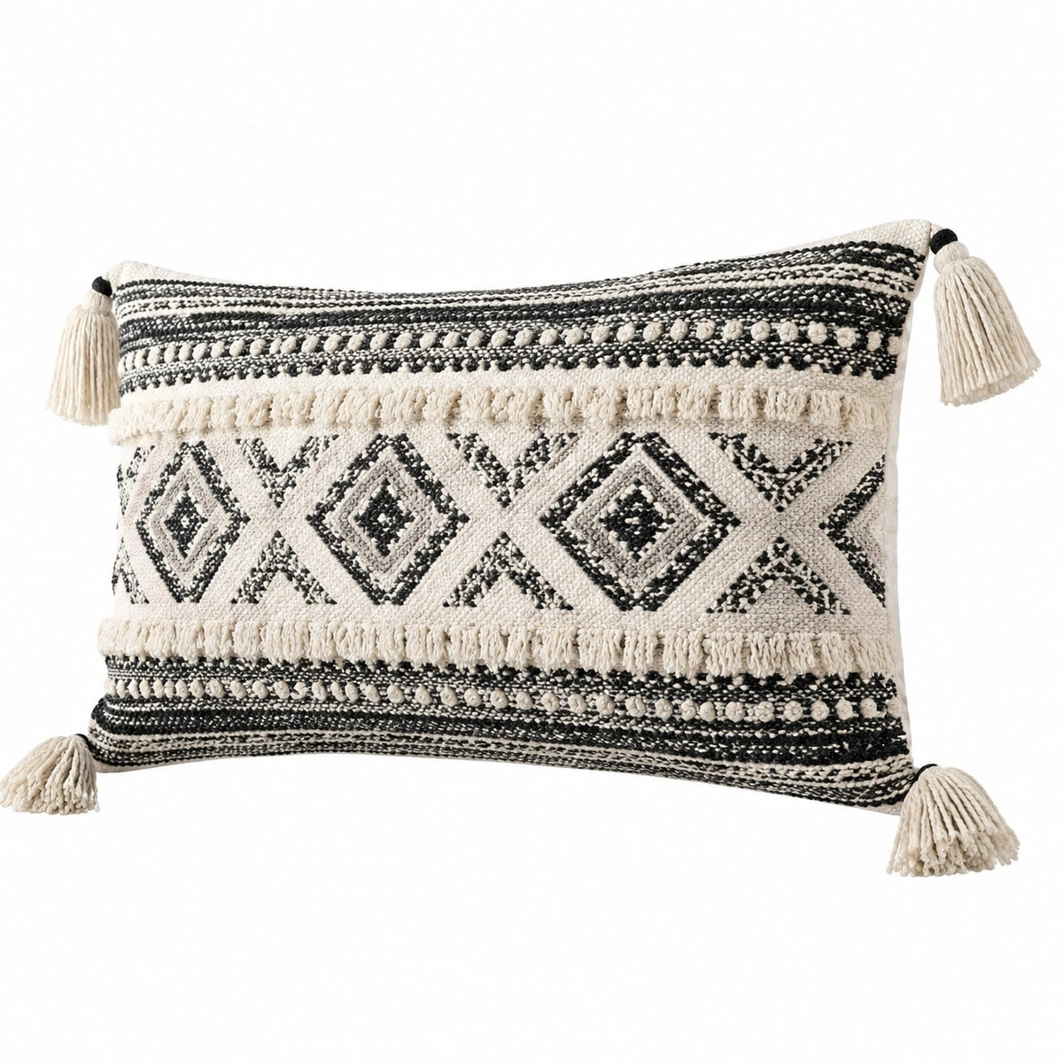 Dekokissen 50 x 30 cm Baumwolle Schwarz Creme Boho mit Fransen