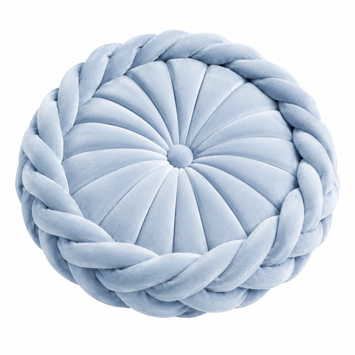 Rundes Zierkissen 45 cm aus Samt Hellblau mit geflochtenem Rand