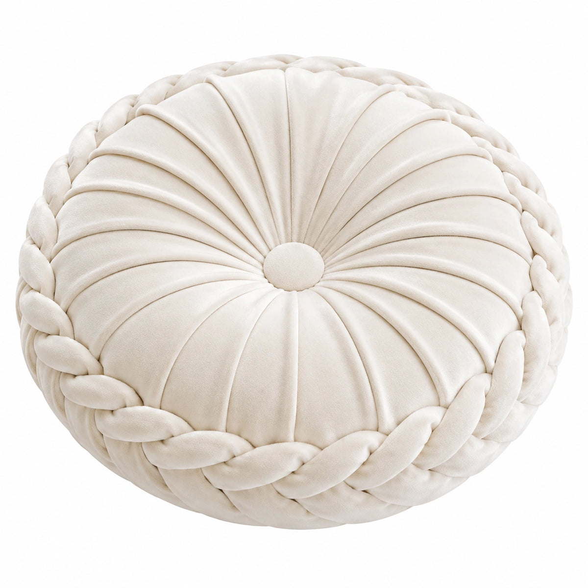 Rundes Zierkissen 45 cm Samt Creme mit geflochtener Kante
